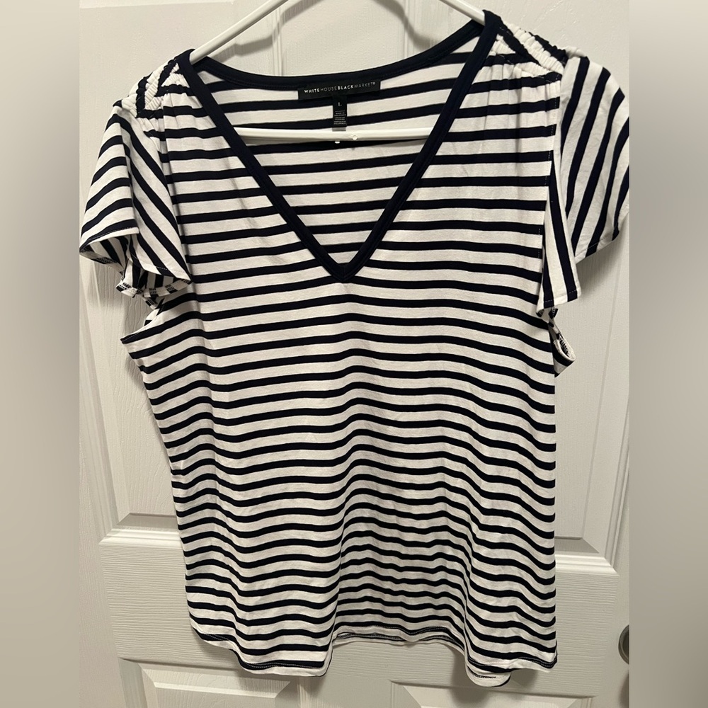 White House Black Market Black and White Relaxed Ruffled Tee